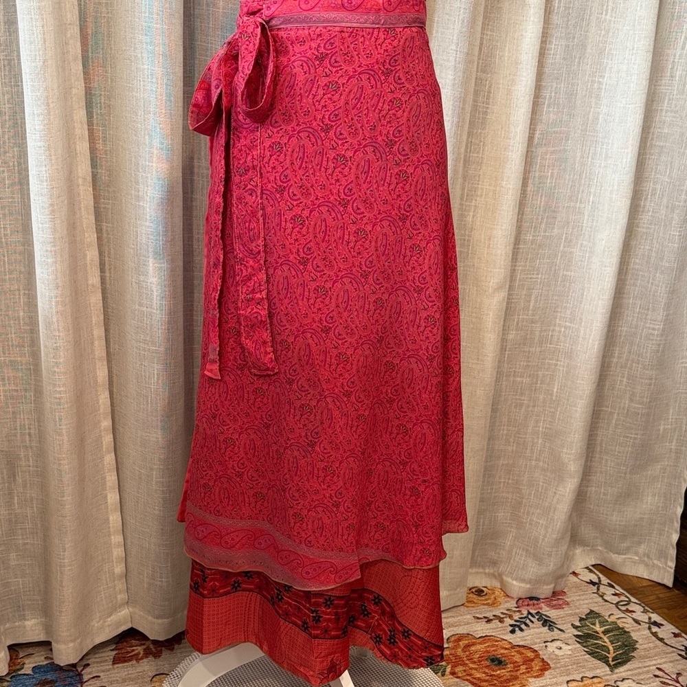 Wayan Silk Blend Wrap Skirt One Pink & Red Paisley Boho Skirt - One Size